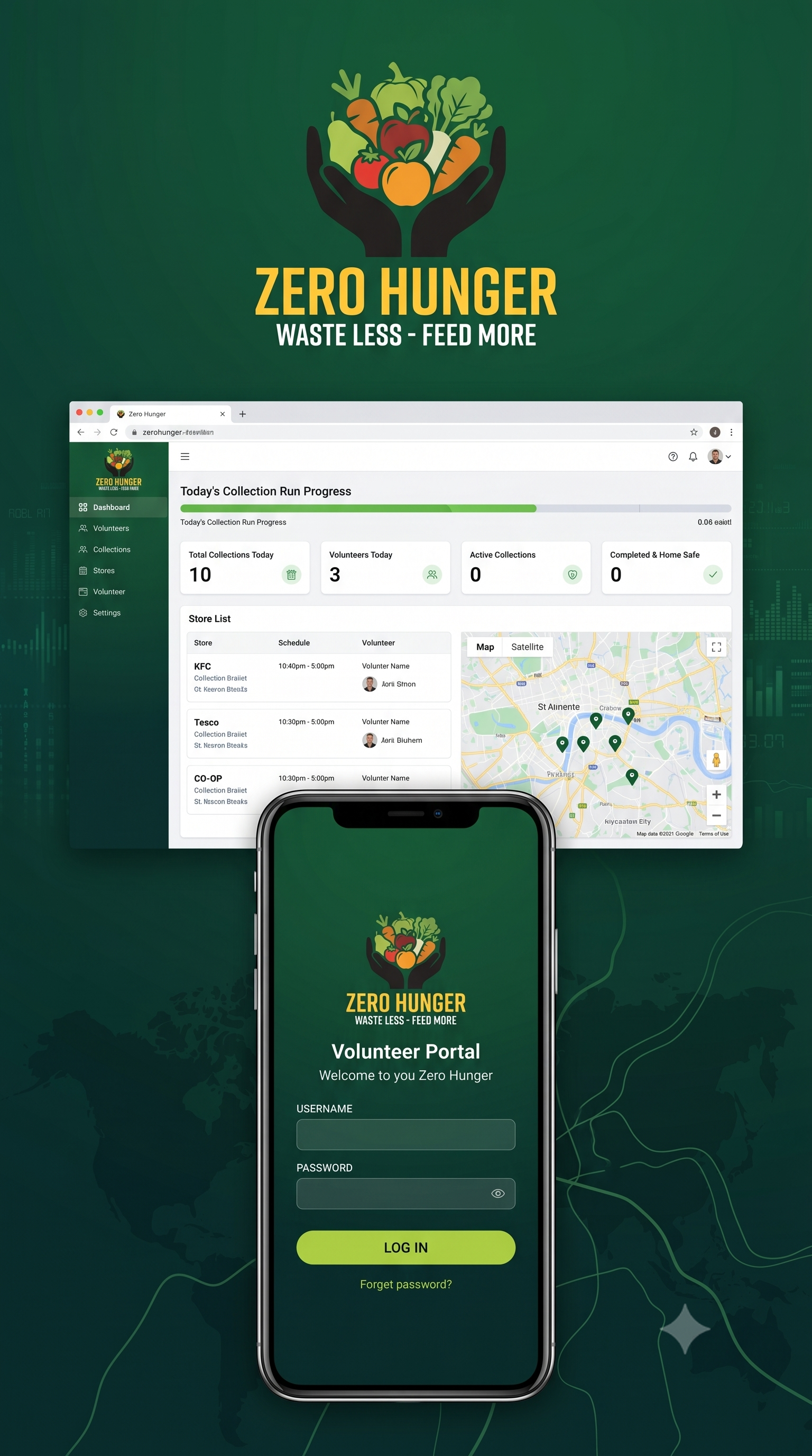 Zero Hunger Operations Dashboard & Volunteer App Mockup